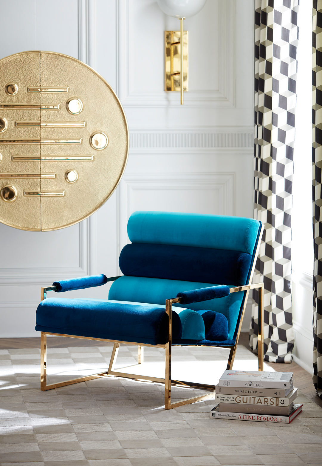 Jonathan Adler Channeled Goldfinger Lounge Chair – Rialto Navy and Turquoise