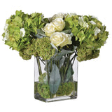 Artificial Hydrangea, Rose, and Sedum Arrangement – Tall Oblong Glass