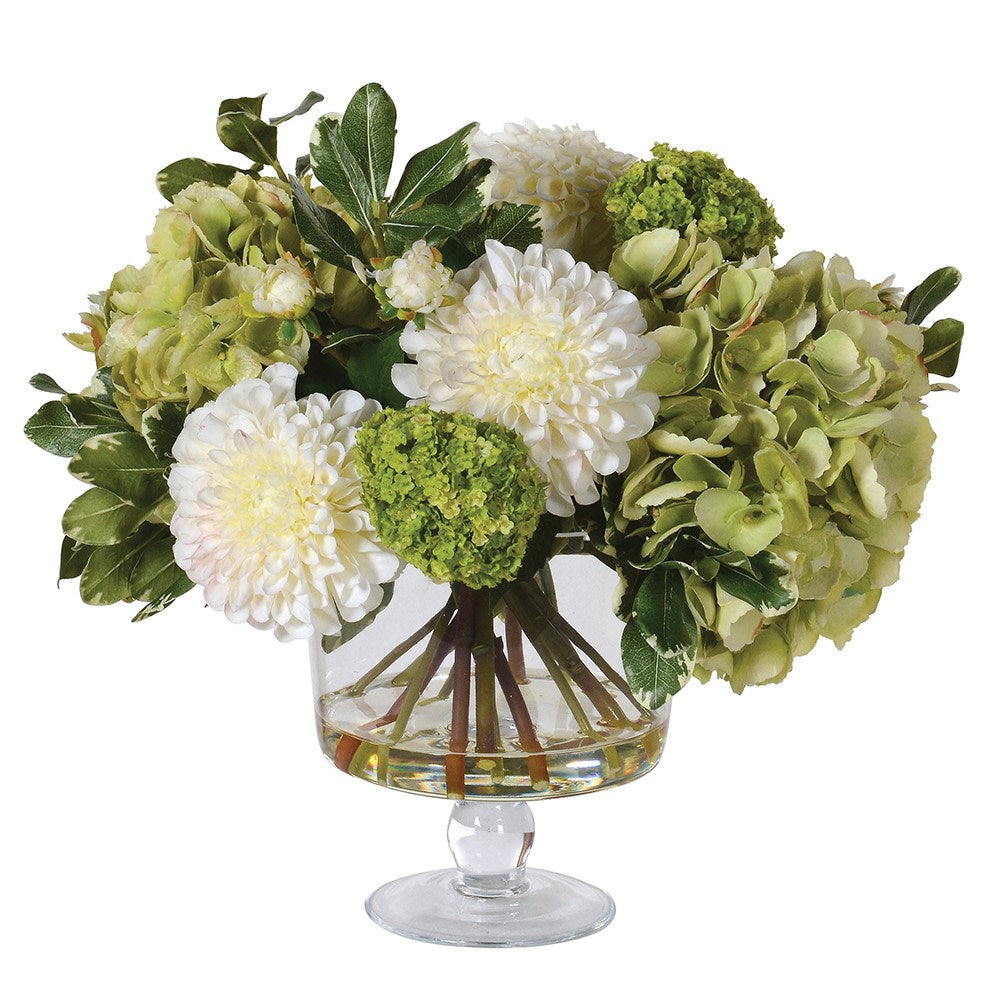 Artificial Hydrangea and Dahlia Bouquet in Glass Footed Bowl