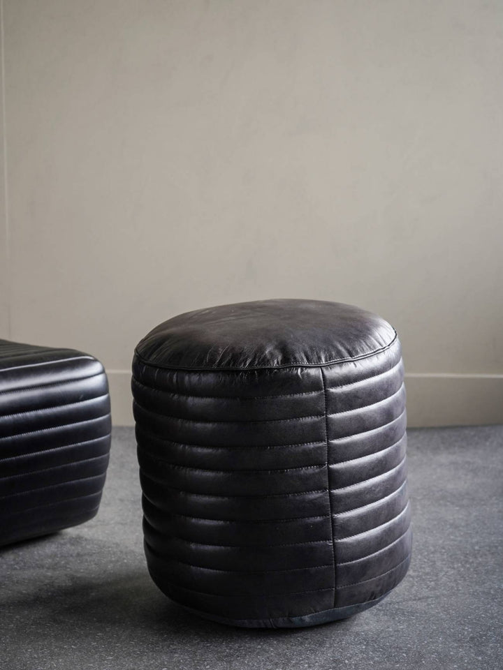 Libra Interiors Round Pouffe – Charcoal Grey Leather