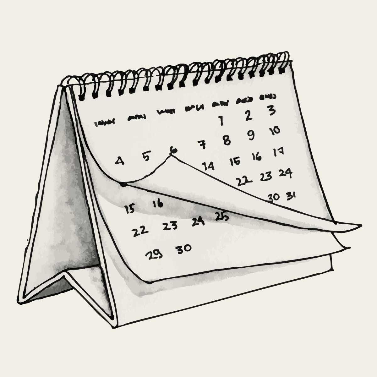 Black and white illustration of a standing calendar with dates.