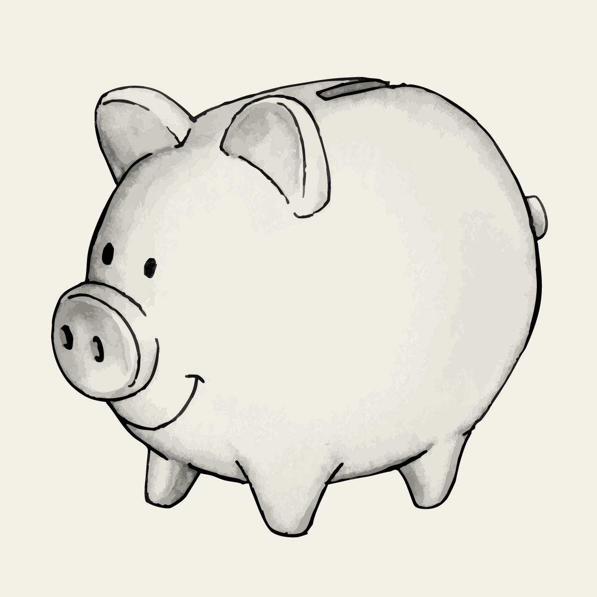 Black and white line drawing of a piggy bank