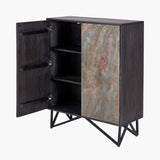 Pacific Lifestyle Verde 2 Door Bar Cabinet – Black Mango Wood and Stone Veneer