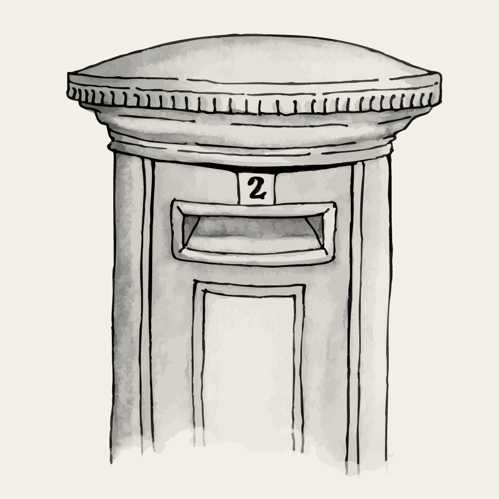 Black and white illustration of a traditional British postbox with the number 2 on a white background