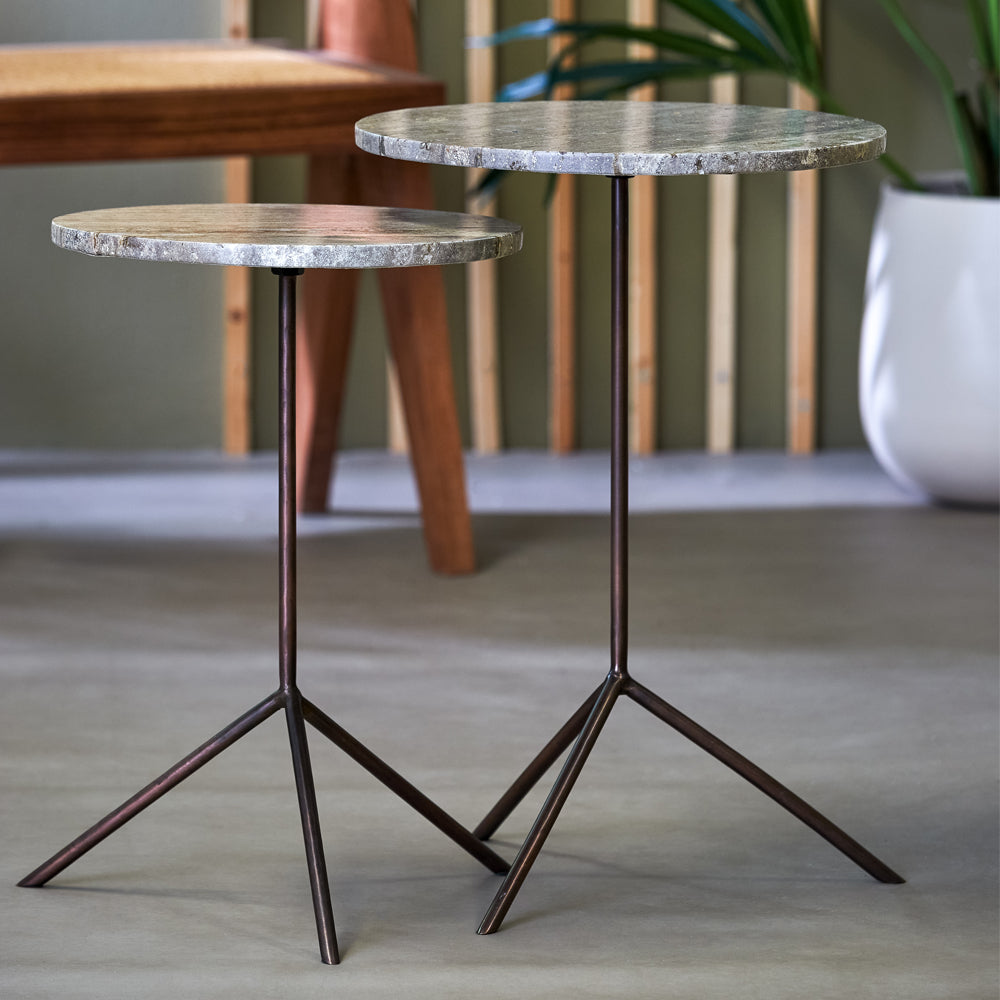 Light & Living Kimi Side Table in Dark Bronze and Brown Travertine