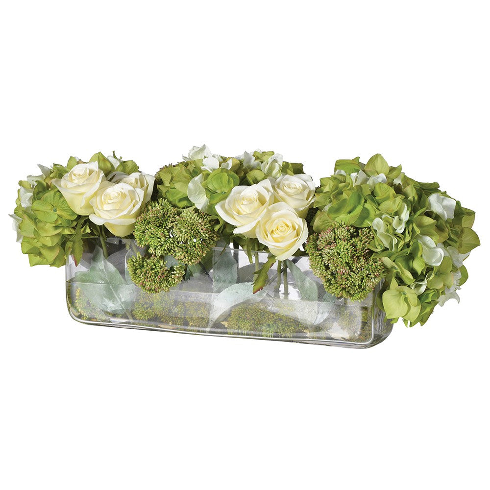 Artificial Hydrangea, Rose, and Sedum Arrangement – Low Oblong Glass