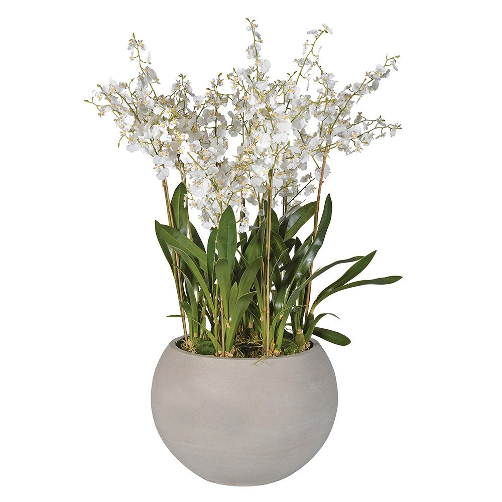 Artificial Orchid in Round Grey Planter