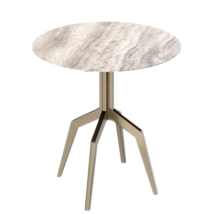 Baudillane Dining Table with Grey Travertine and Brushed Bronze Legs – 80cm