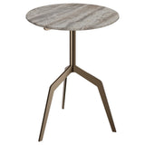 Baudillane Occasional Table with Grey Travertine and Brushed Bronze Metal Legs