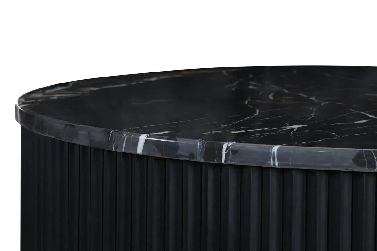 Cyrilla Ribbed Coffee Table – Black Mango Wood & Black/White Marble