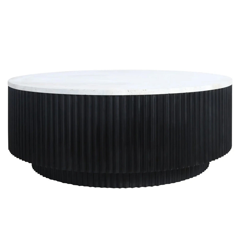 Cyrilla Ribbed Coffee Table – Black Mango Wood & Travertine