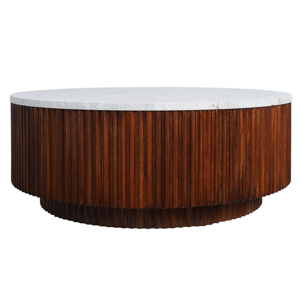 Cyrilla Ribbed Coffee Table – Brown Mango Wood & Travertine