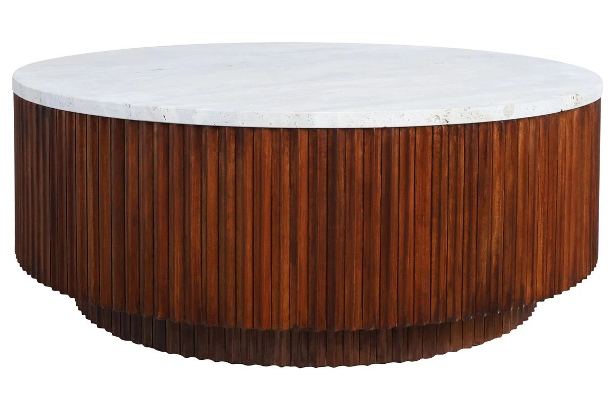 Cyrilla Ribbed Coffee Table – Brown Mango Wood & Travertine