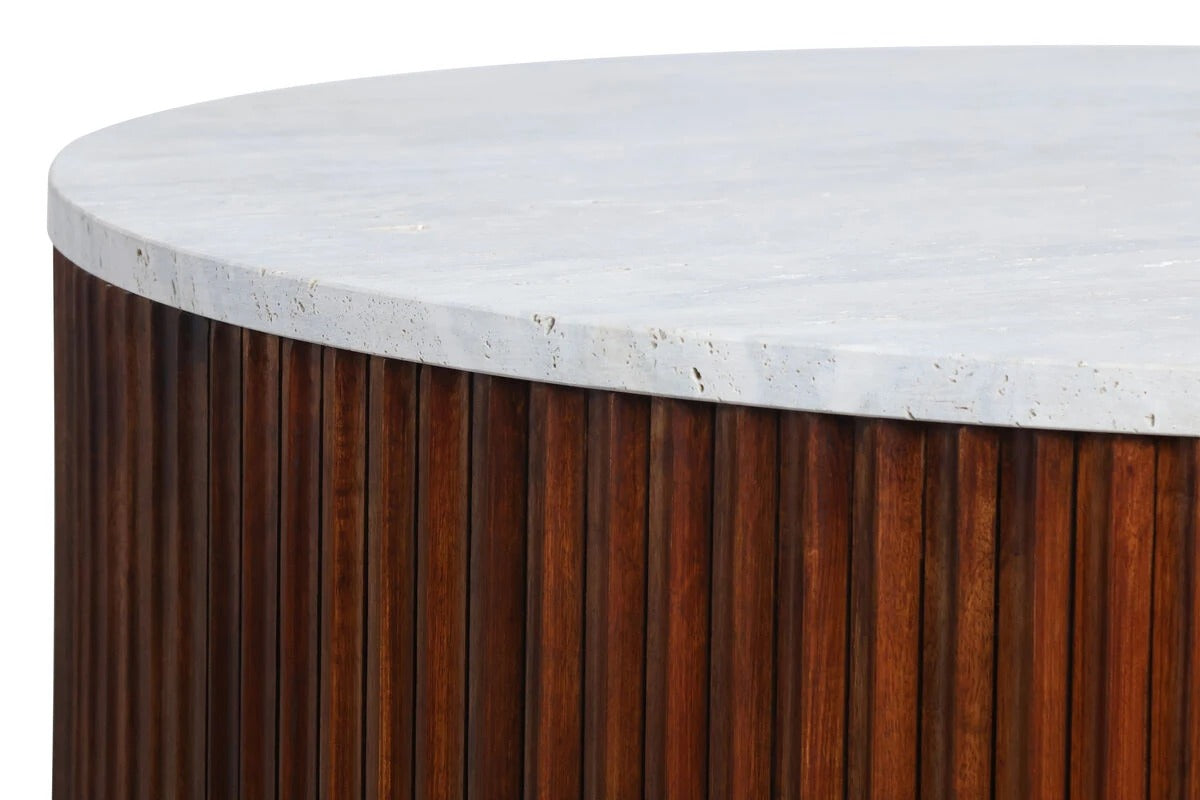 Cyrilla Ribbed Coffee Table – Brown Mango Wood & Travertine