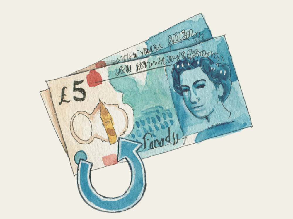 British five-pound note with a hook on a light beige background