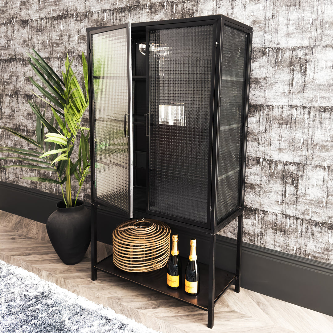 Donovan Cabinet in Black metal and Ribbed Glass