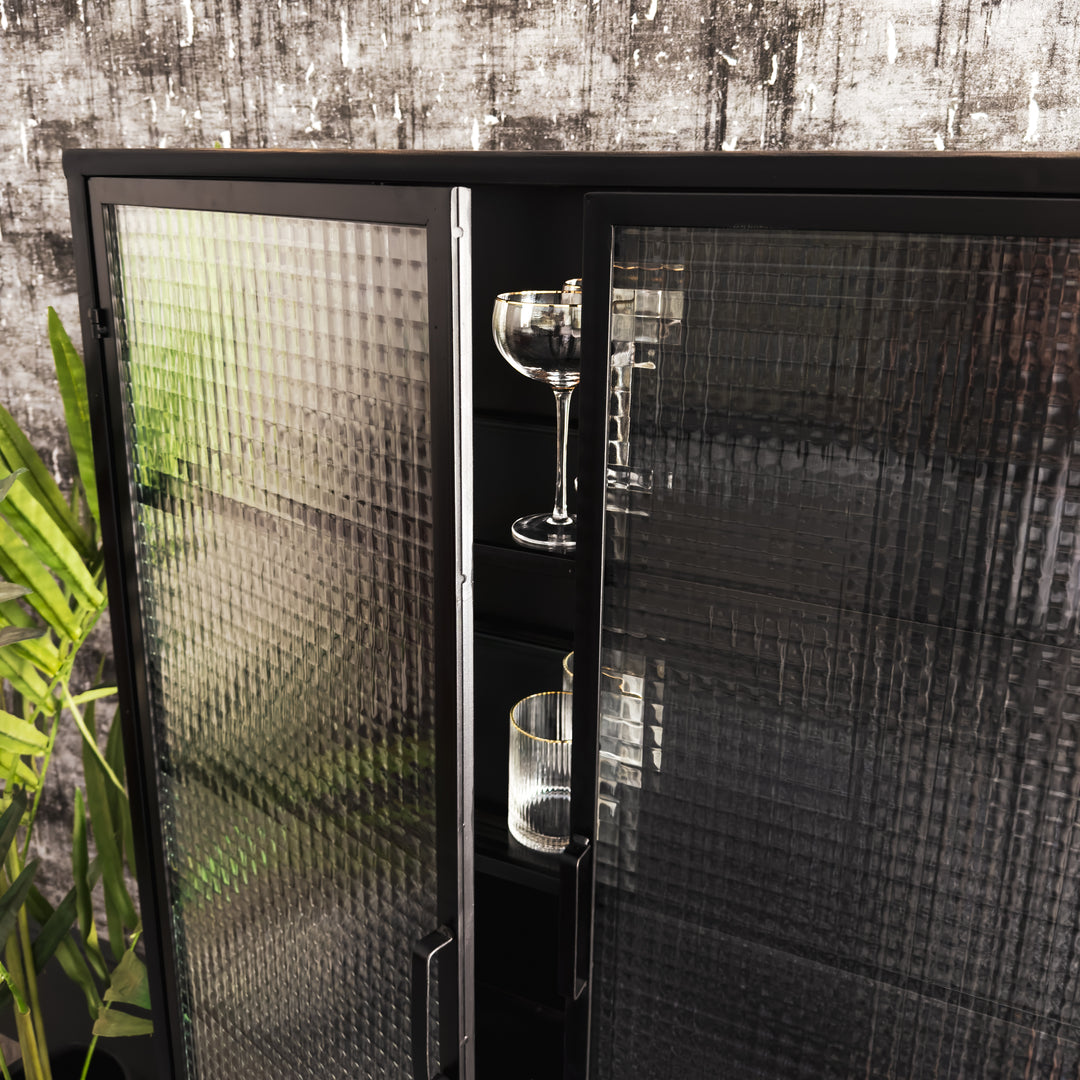 Donovan Cabinet in Black metal and Ribbed Glass