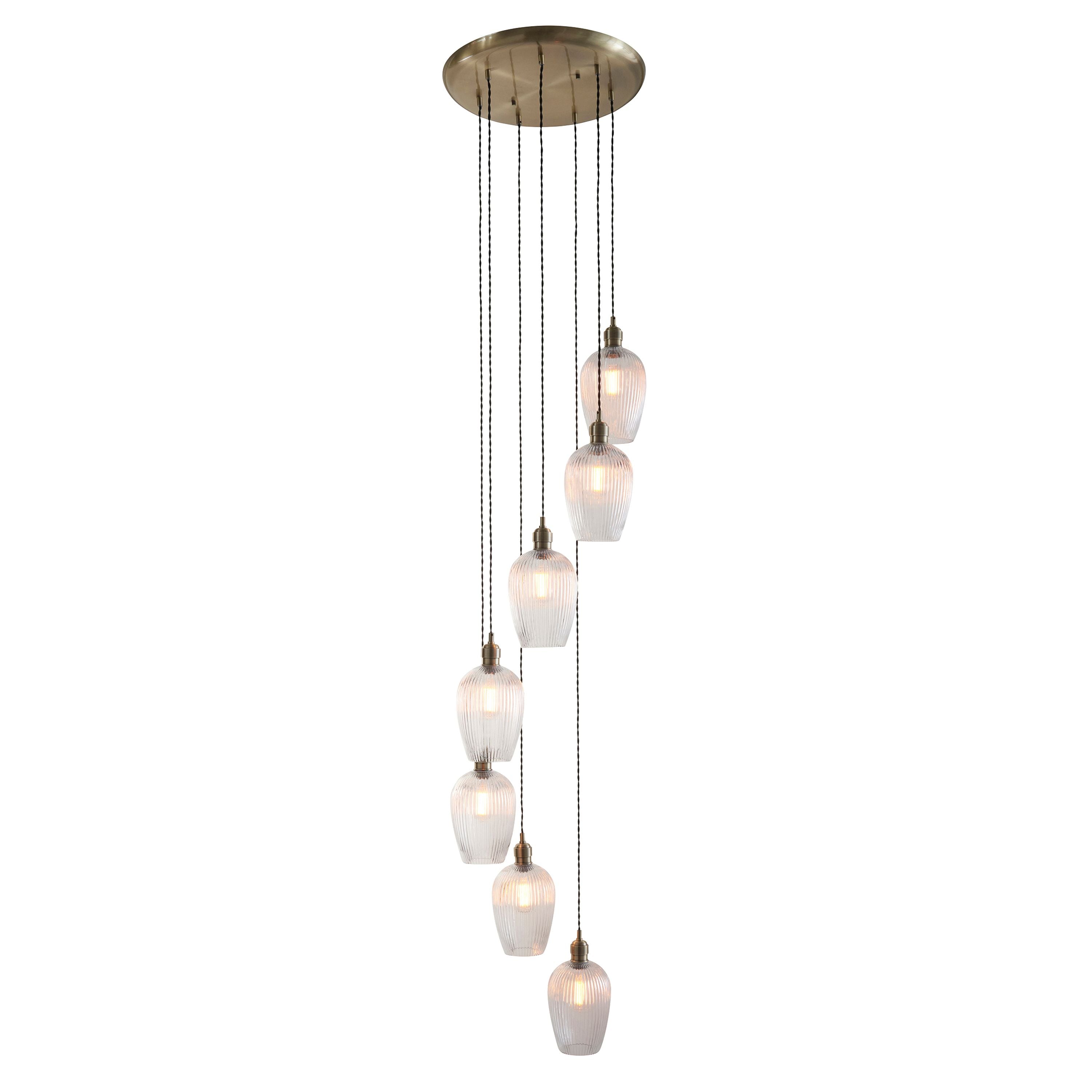 Florence Ribbed Cascading Pendant Light – 7 Lights – Antique Brass
