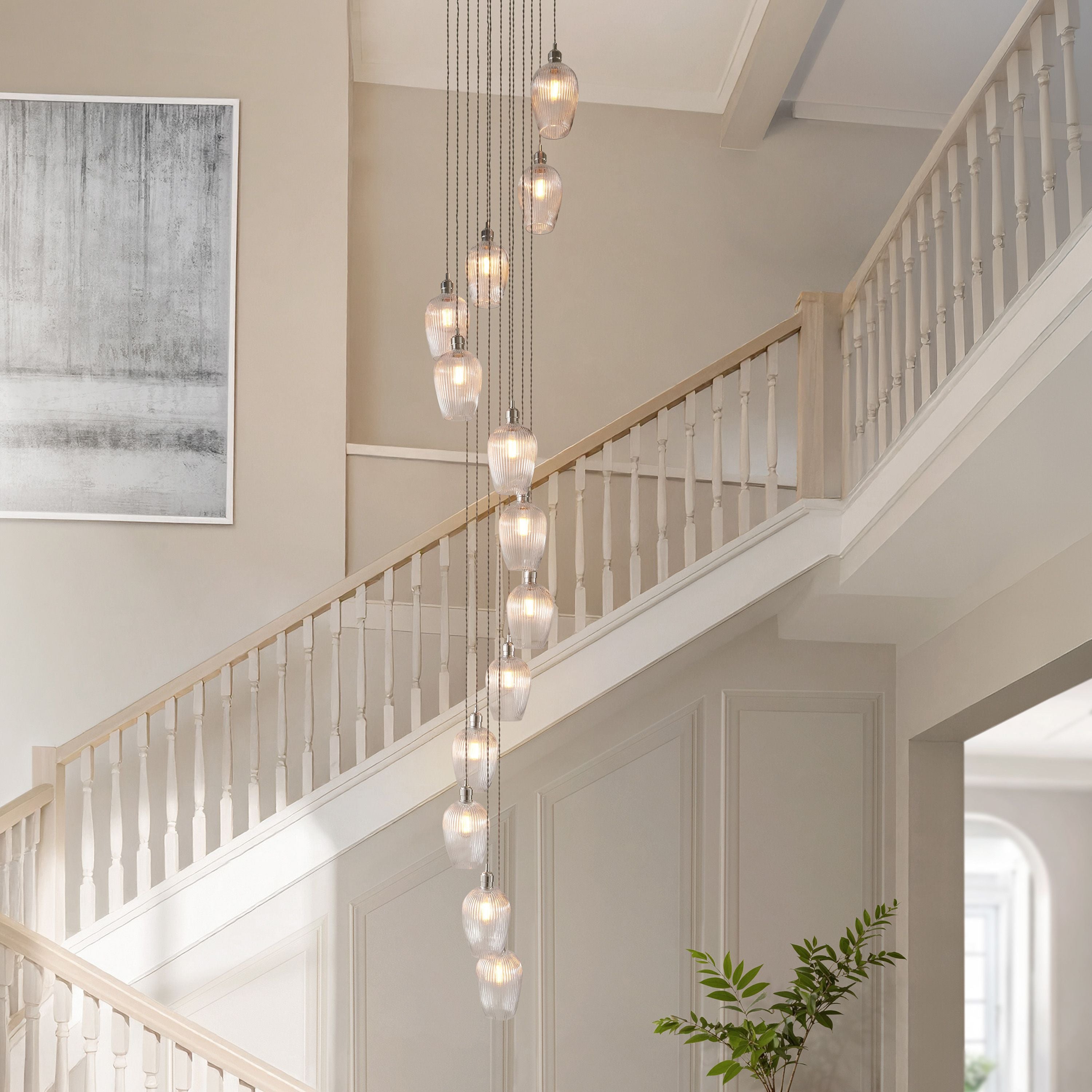 Florence Ribbed Cascading Pendant Light – 13 Lights – Bright Nickel