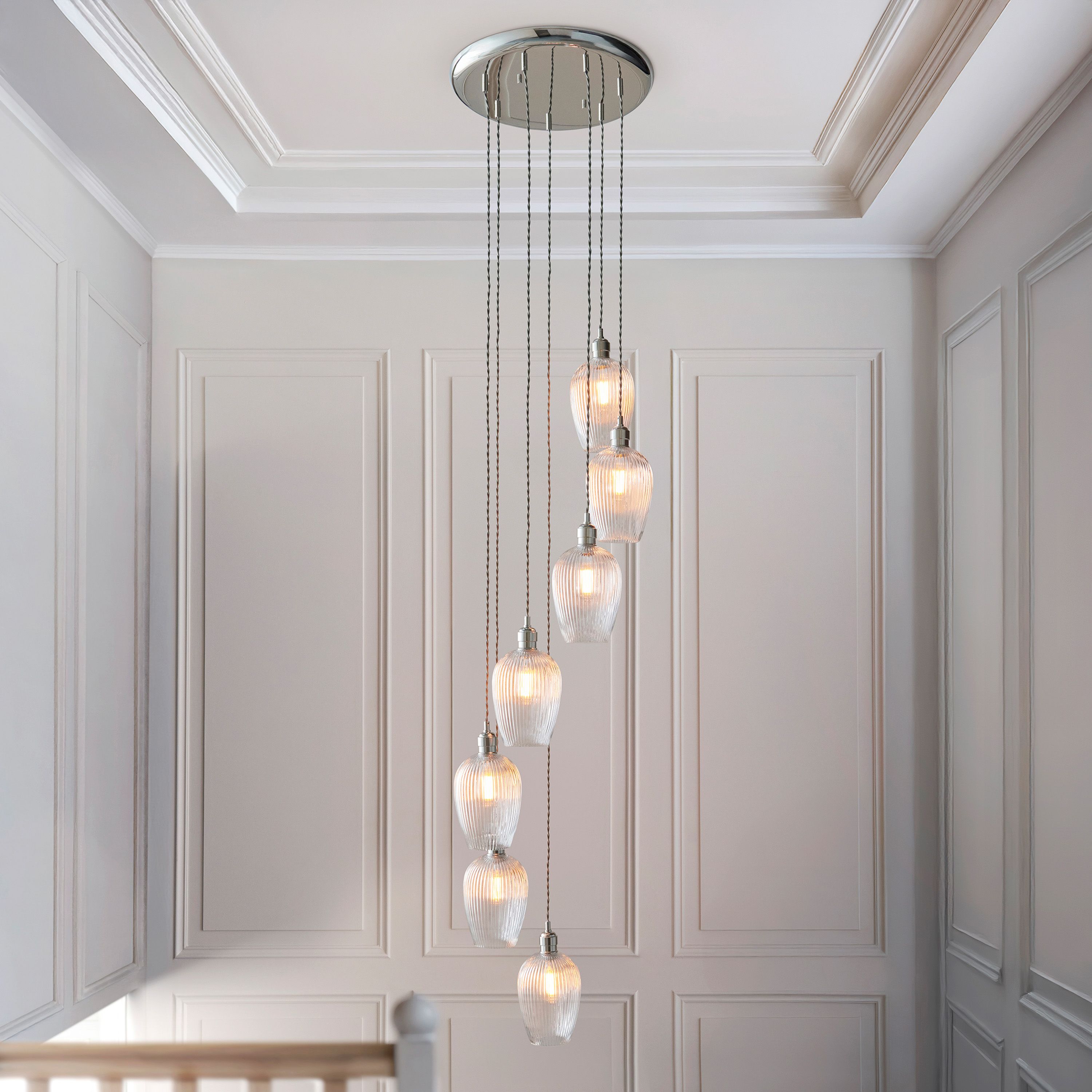 Florence Ribbed Cascading Pendant Light – 7 Lights – Bright Nickel