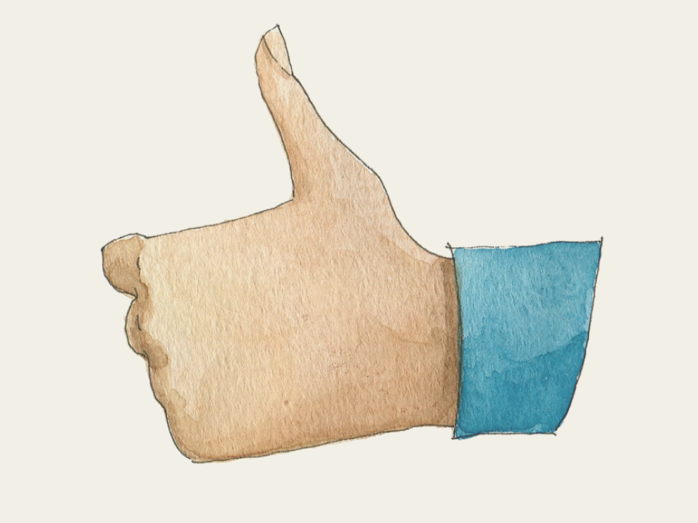 Illustration of a hand giving a thumbs-up with a blue sleeve on a beige background