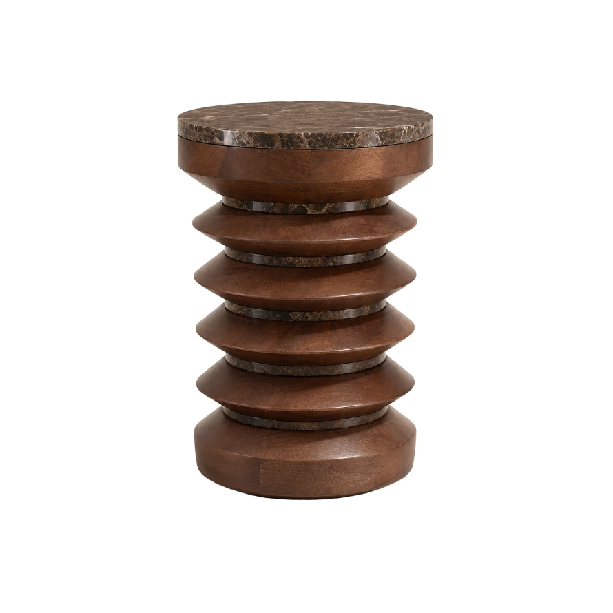 Henshaw Carved Side Table – Brown Marble & Mango Wood