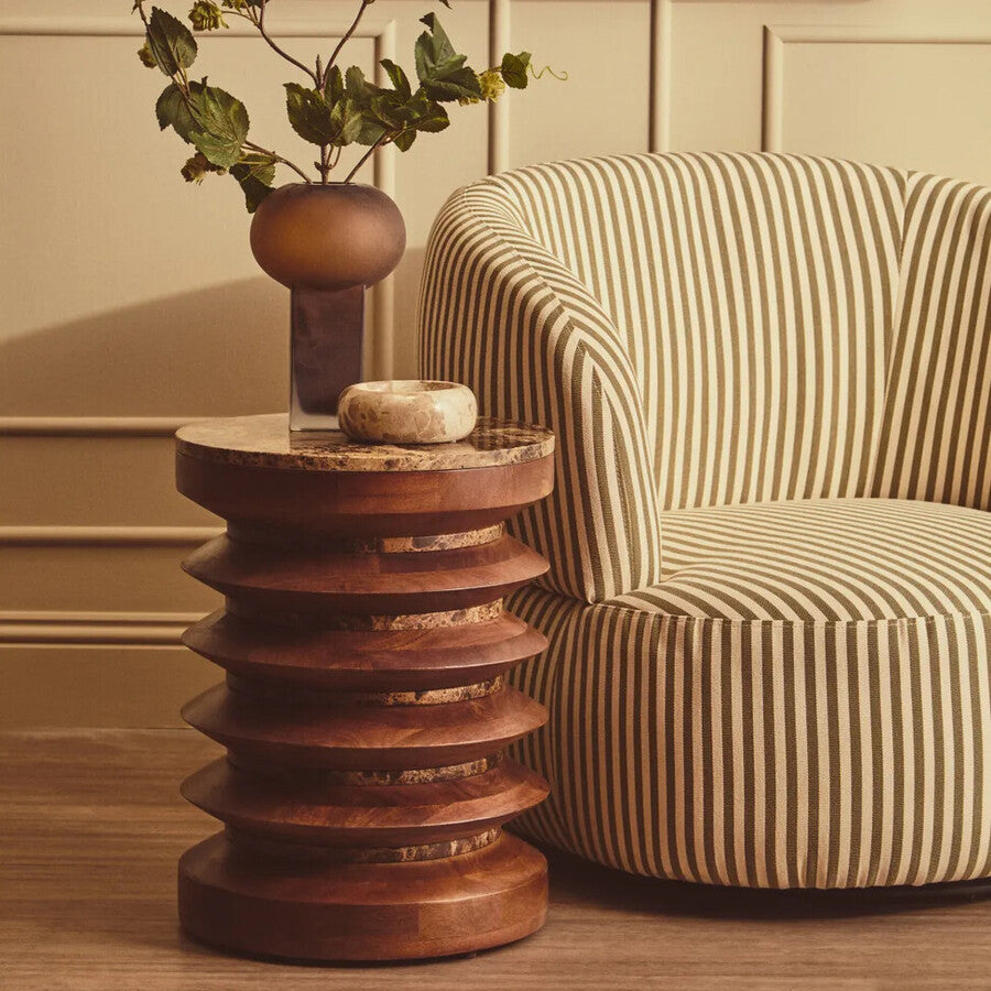 Henshaw Carved Side Table – Brown Marble & Mango Wood