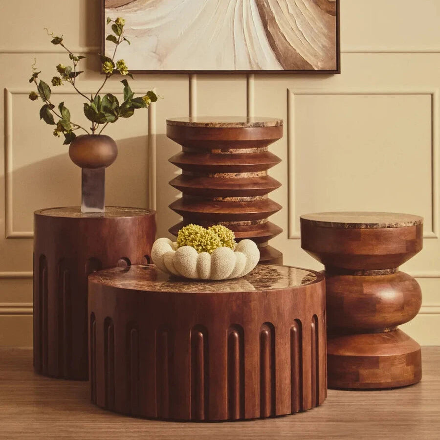 Henshaw Carved Side Table – Brown Marble & Mango Wood