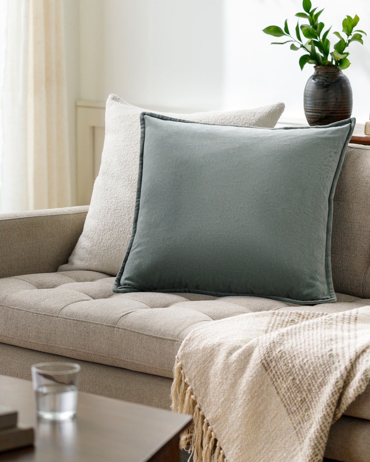 Keiichi Cotton Velvet Cushion – Sage