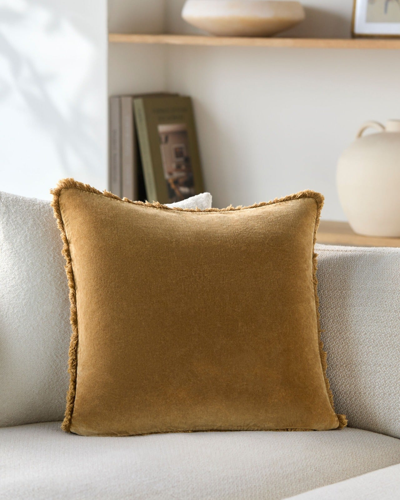 Keiichi Washed Cotton Velvet Woven Cushion – Ochre