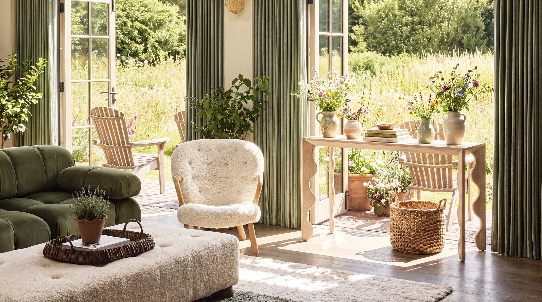 A styled interior scene with tall green curtains framing large windows, a green sofa, a white textured chair, a light wood table with flowers and books, and an outdoor grassy garden visible beyond the glass.