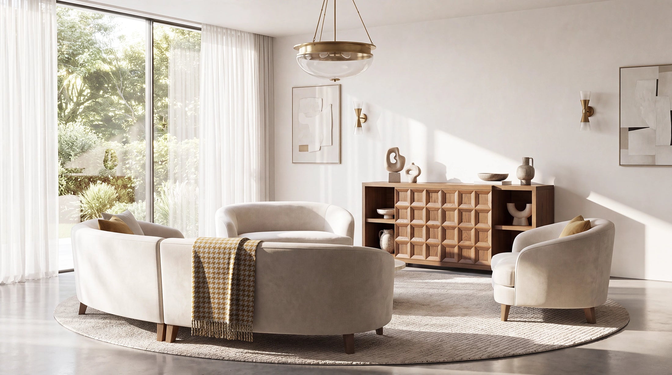 A modern living room scene featuring a curved beige sofa with a plaid throw blanket, two matching beige armchairs, a round light rug, and a wooden storage cabinet against a bright white wall.