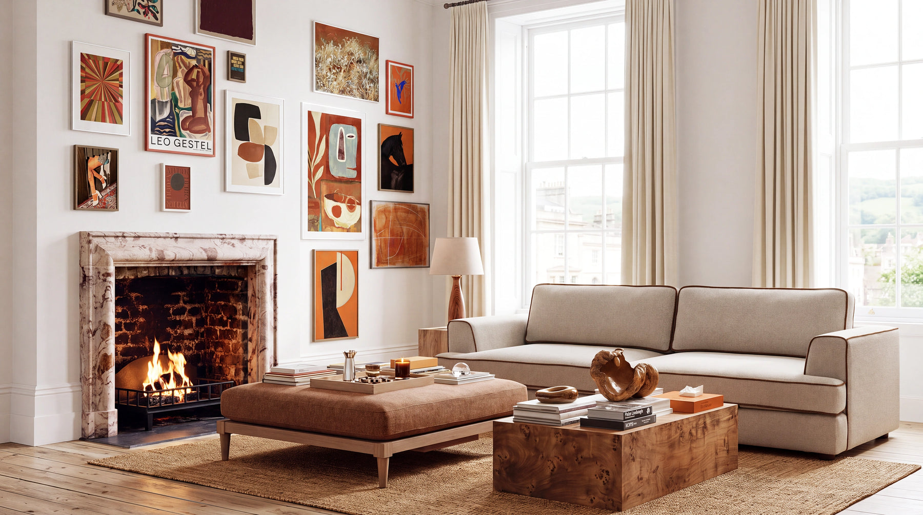 A styled living room featuring a light beige sofa, a brown leather ottoman, a rustic wooden coffee table, a brick fireplace with a fire, and a gallery wall of framed art.