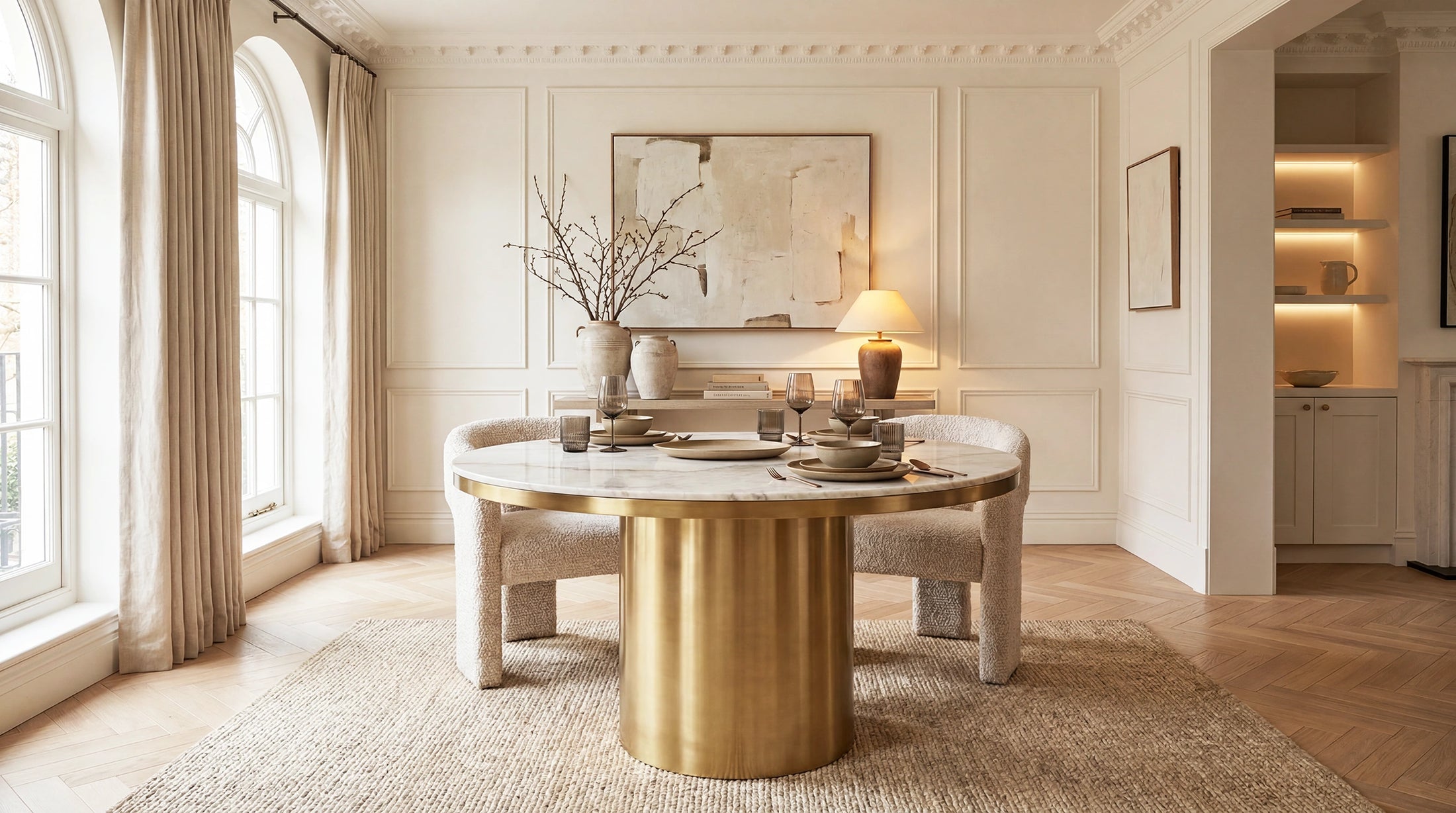 A round dining table with a polished gold cylindrical pedestal base and a light stone top, surrounded by two upholstered chairs in a bright, elegant dining room with beige walls, curtains, and wood flooring.