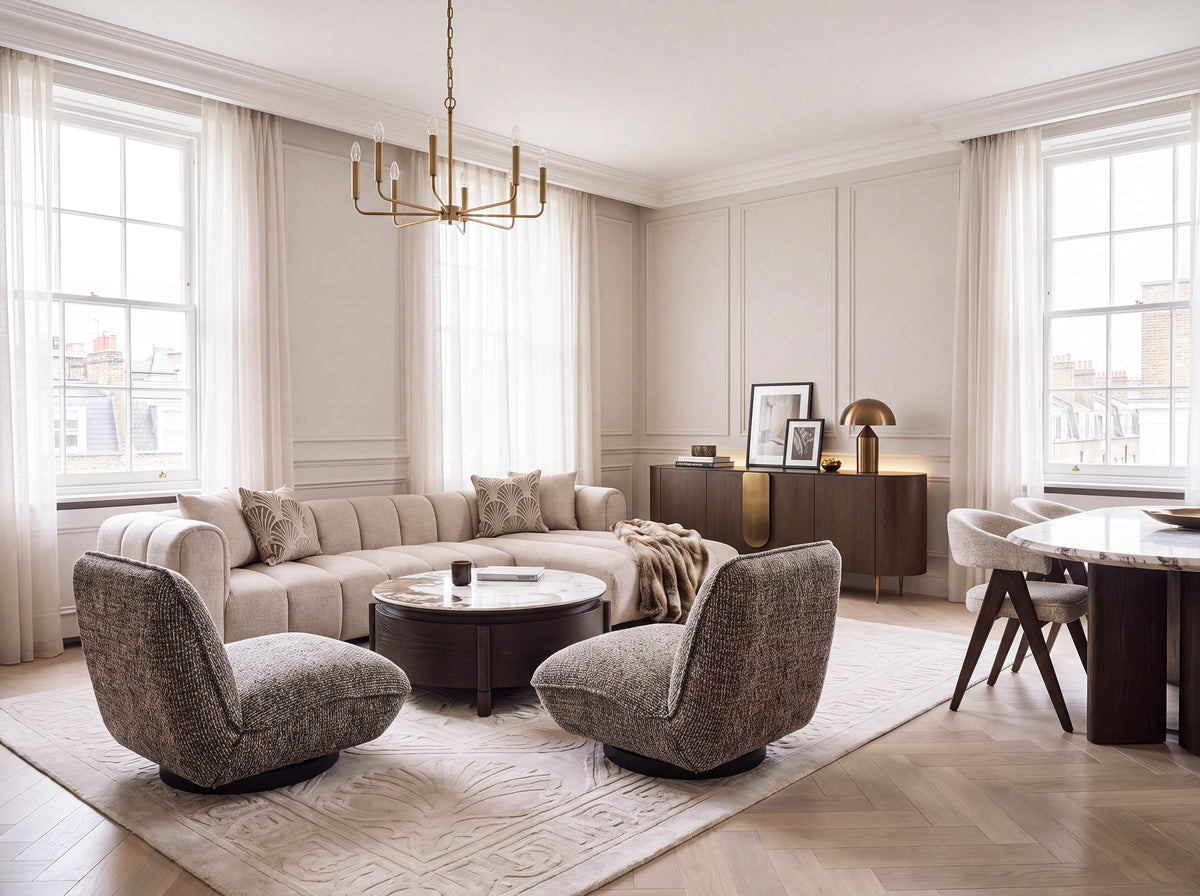 Two Liang & Eimil occasional chairs in a light, elegant living room