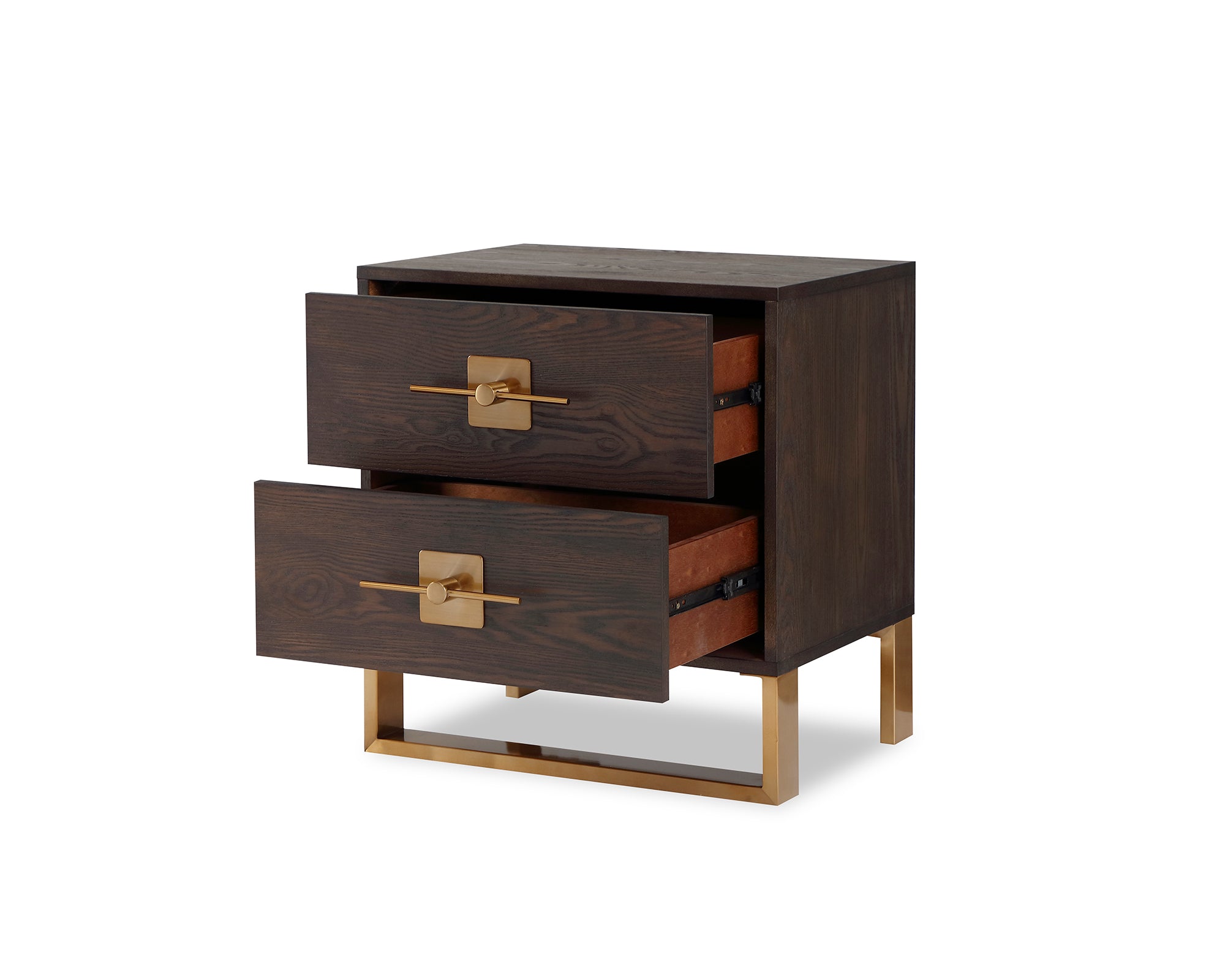 Ophir Bedside Table 2 Drawers  - Dark Brown Ash/Dark Brass
