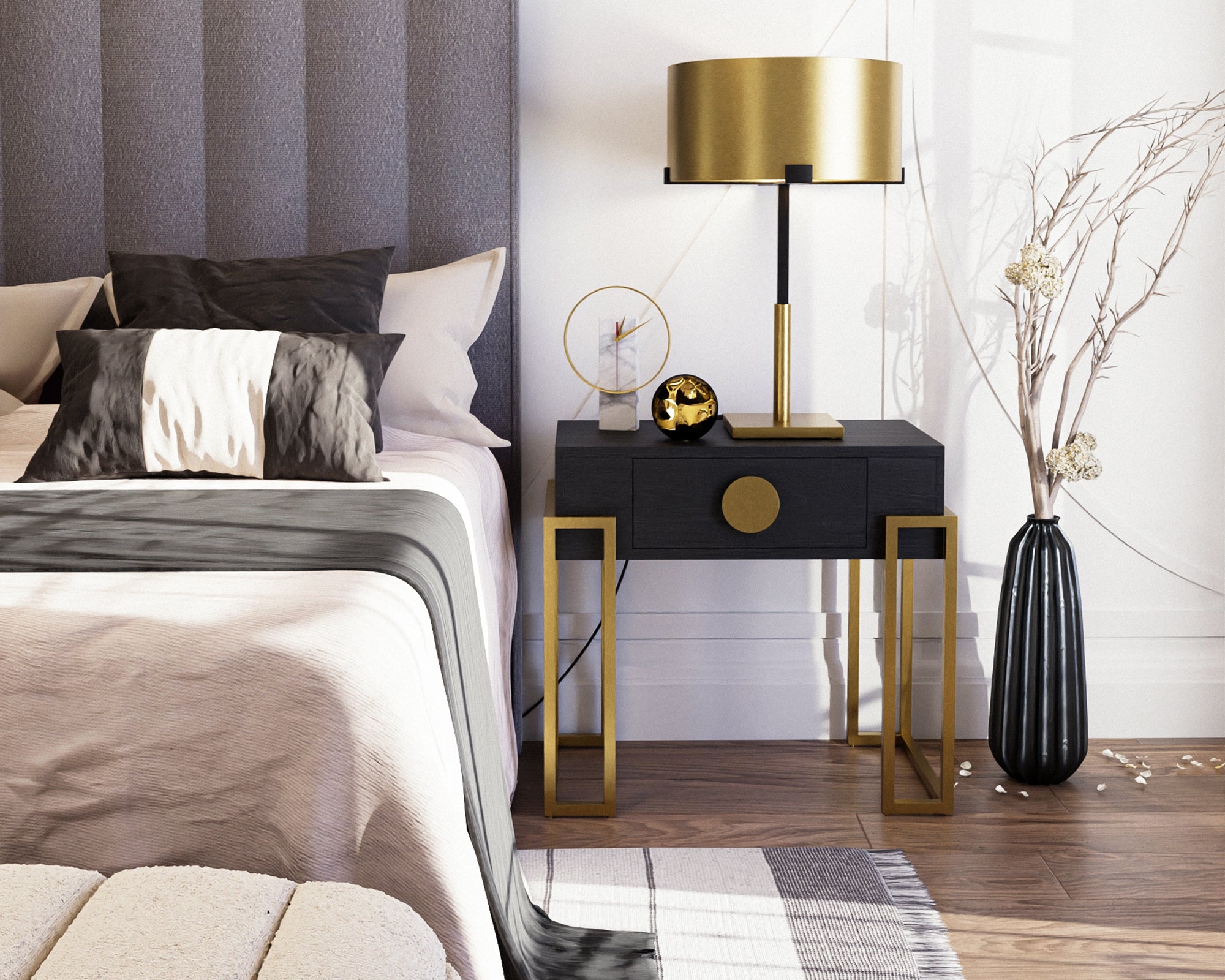 Paradigm Bedside Table  - Black Ash Veneer/Polished Brass