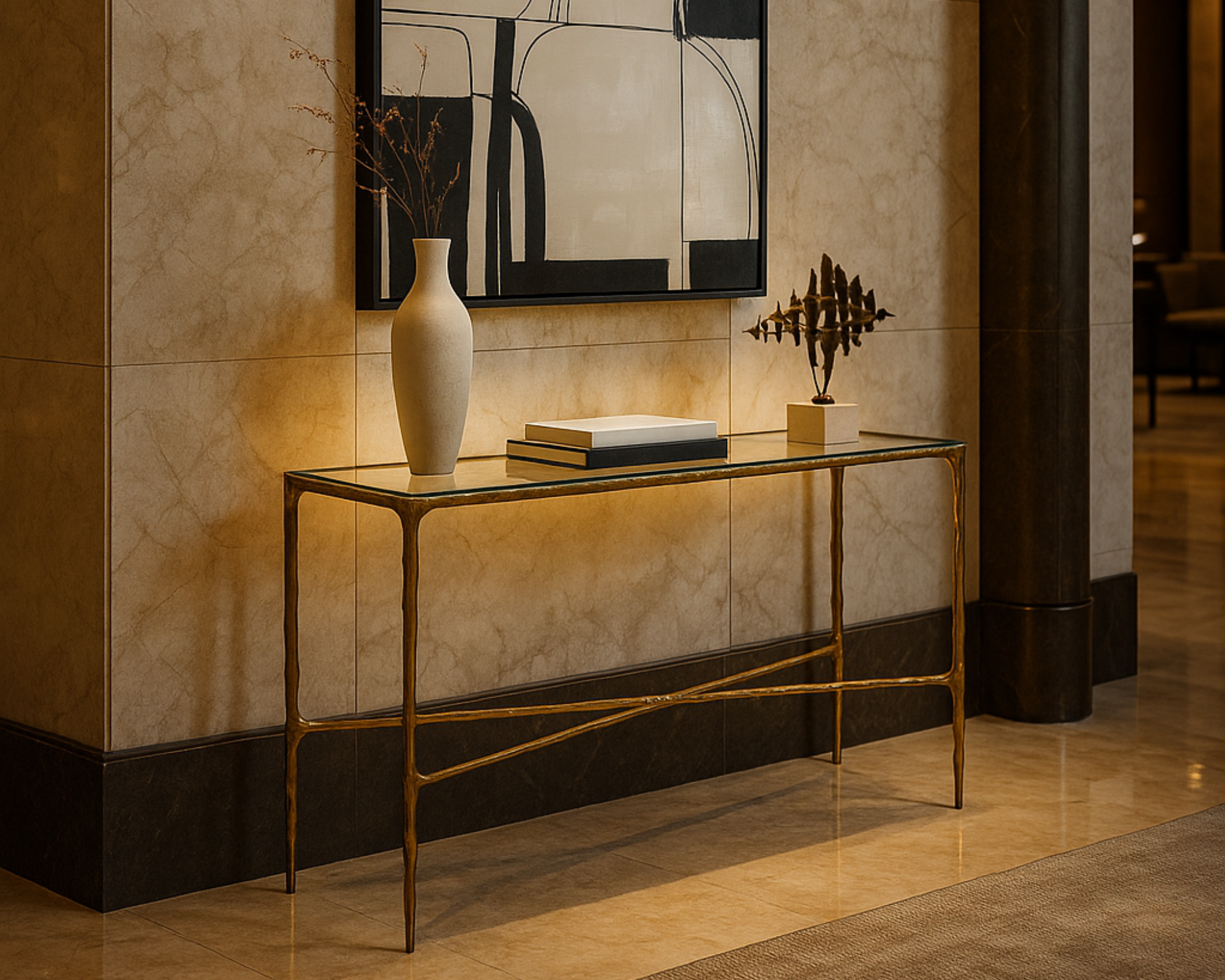 Liang & Eimil Cobra Console Table – Textured Antique Brass and Glass