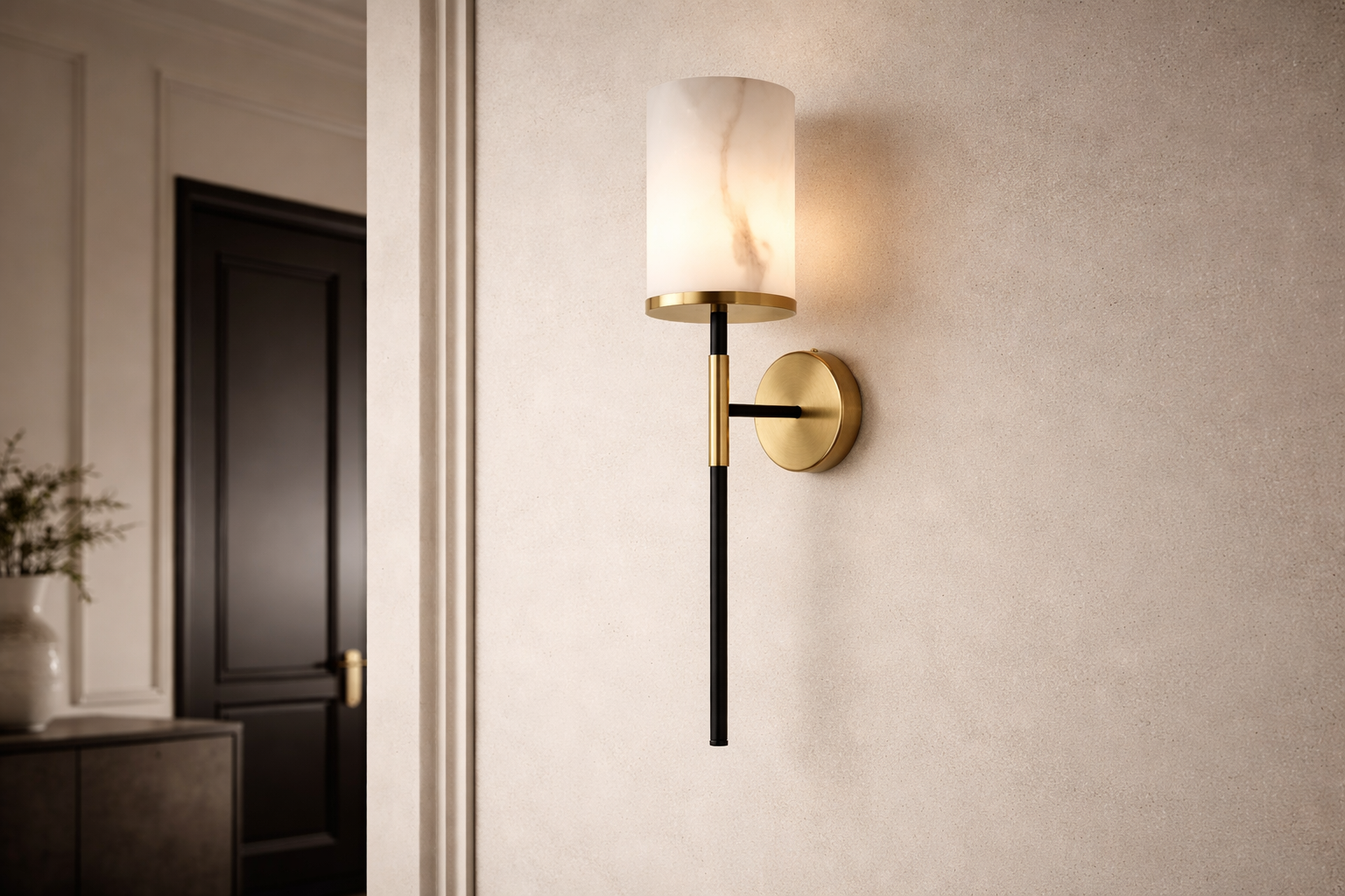 Liang & Eimil Callum Wall Light – Alabaster Effect, Brass & Black