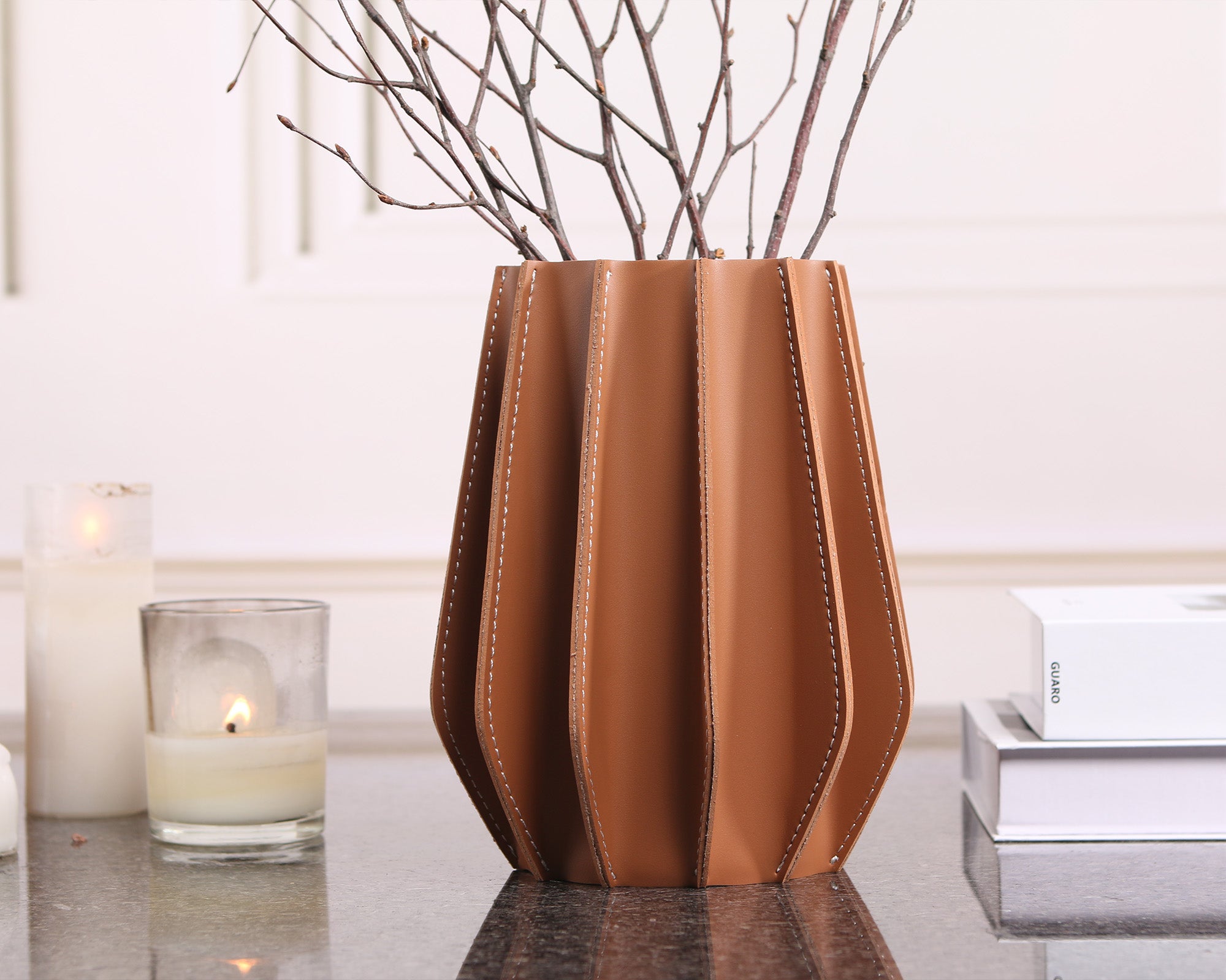 Juana Vase  - Brown Leather and Glass