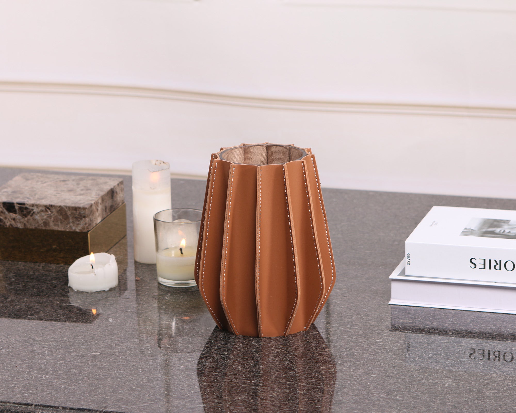 Juana Vase  - Brown Leather and Glass