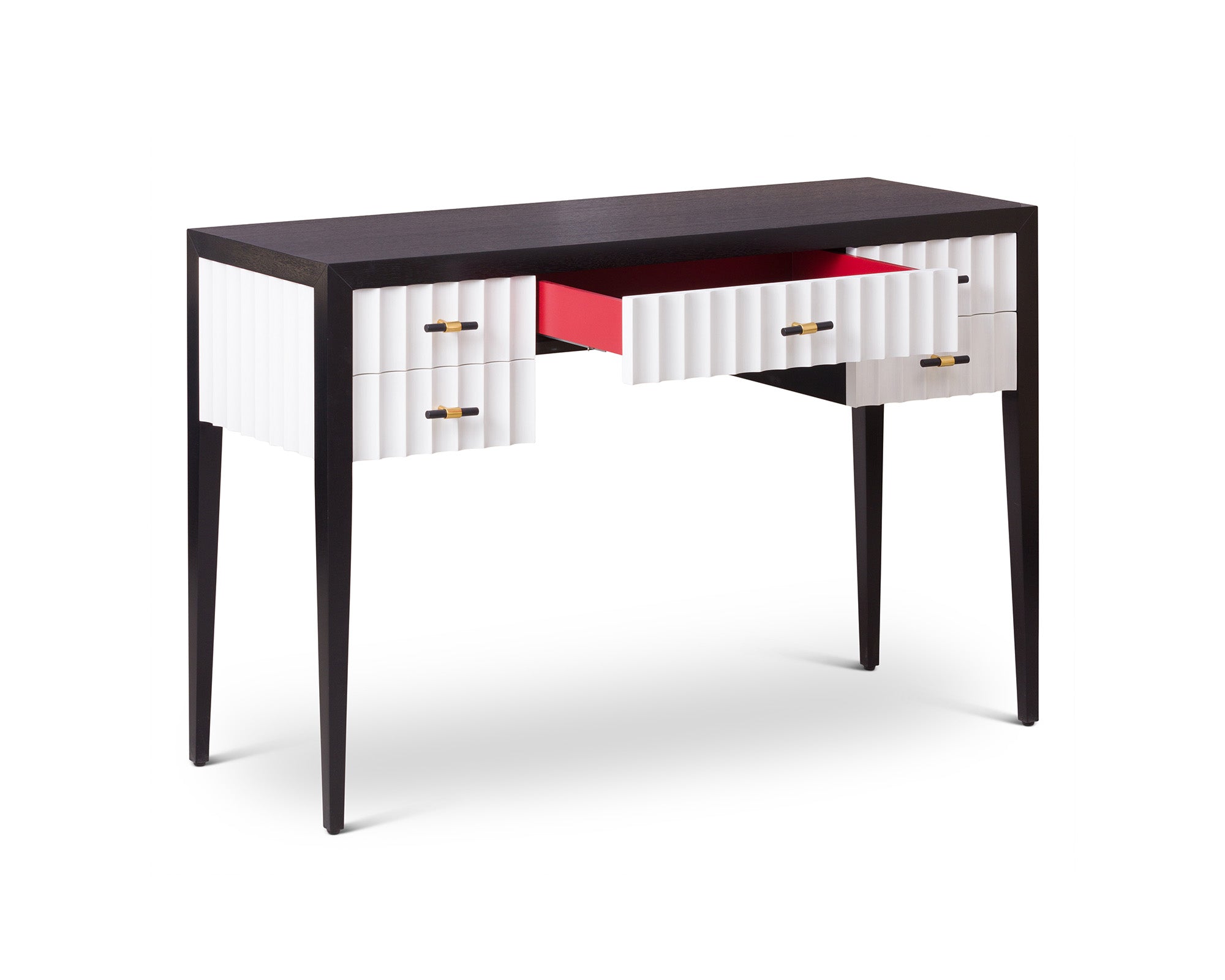 Malibu Console Table  -  Black Satin Veneer, Hairline White & Red Lining