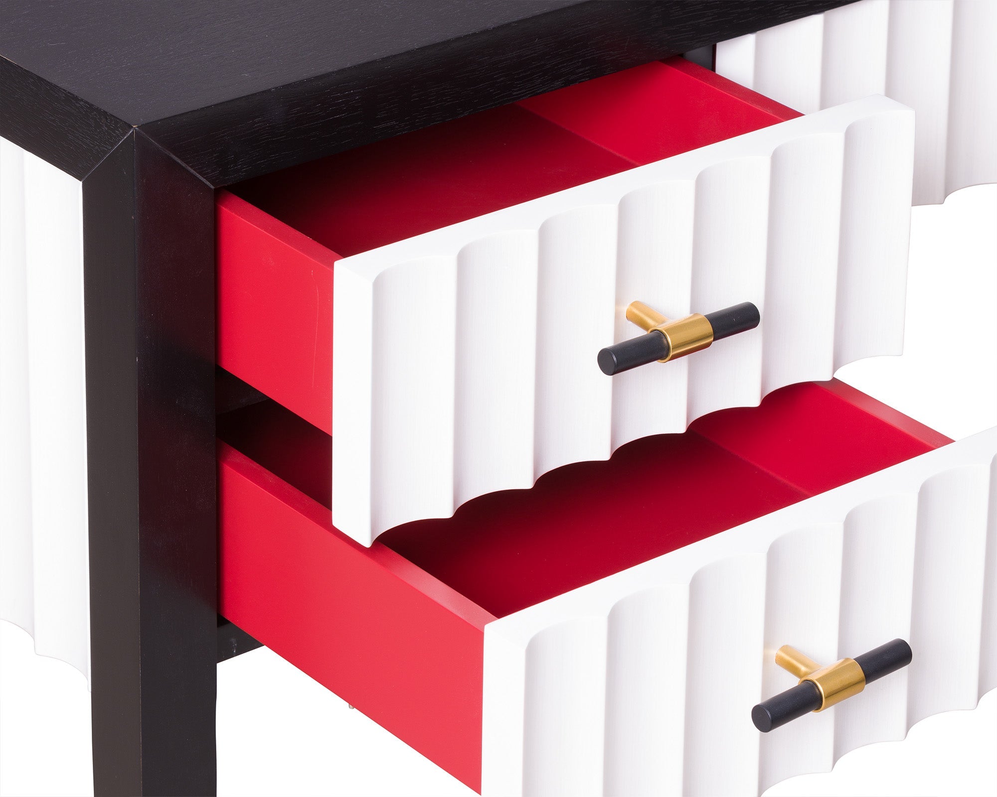 Malibu Console Table  -  Black Satin Veneer, Hairline White & Red Lining