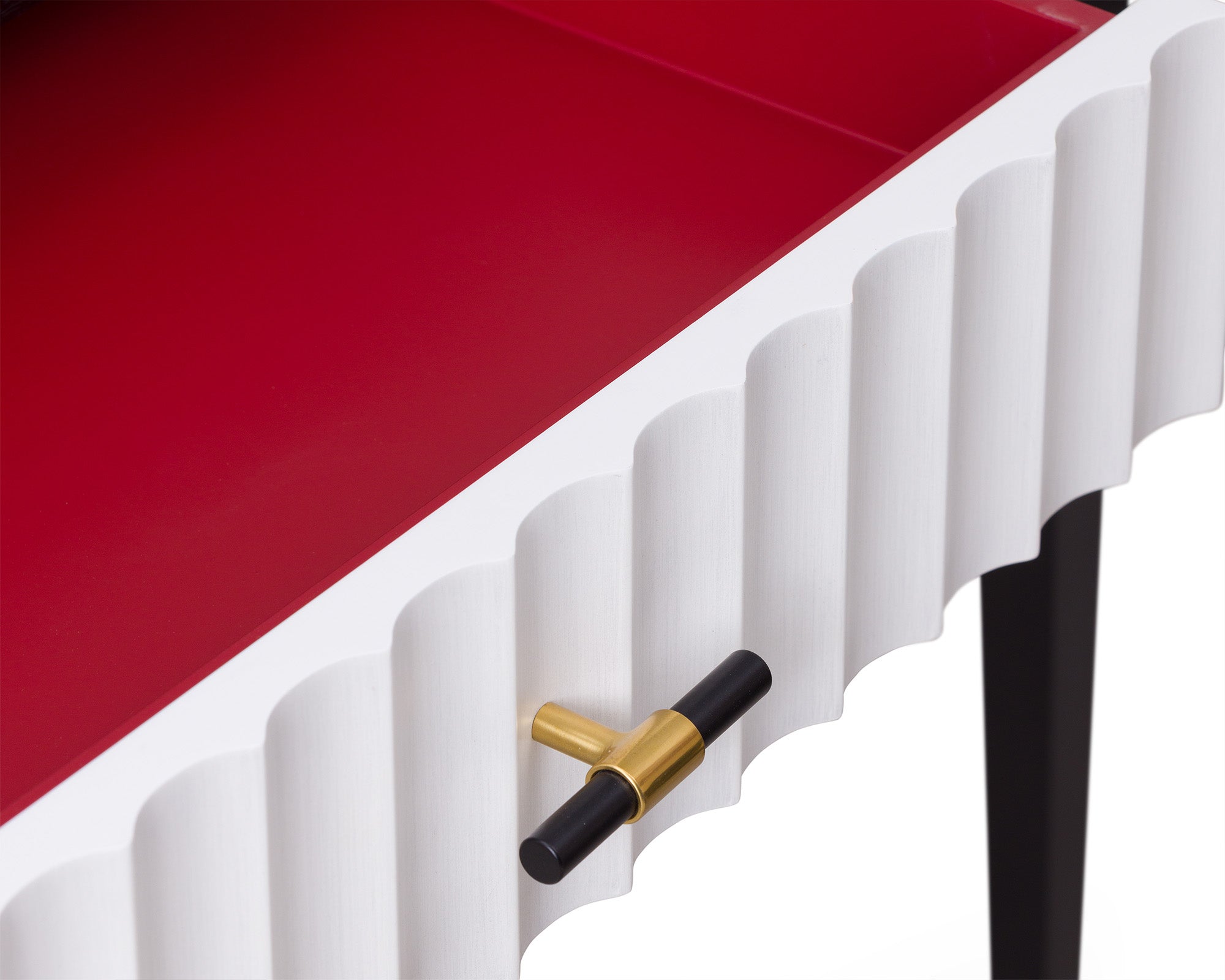 Malibu Console Table  -  Black Satin Veneer, Hairline White & Red Lining