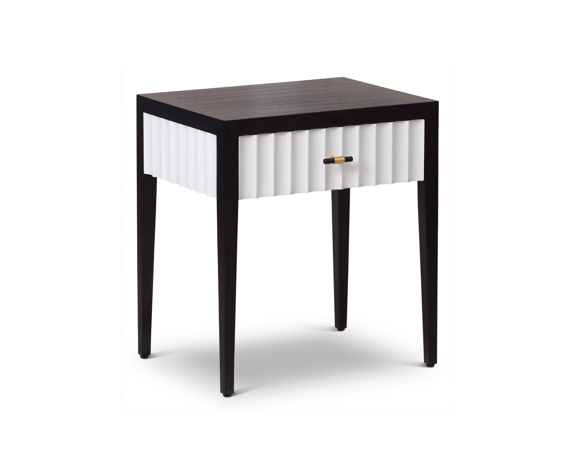 Malibu Bedside Table 1 Drawer  -  Black Satin Veneer, Hairline White & Red Lining