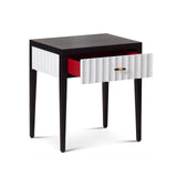Malibu Bedside Table 1 Drawer  -  Black Satin Veneer, Hairline White & Red Lining
