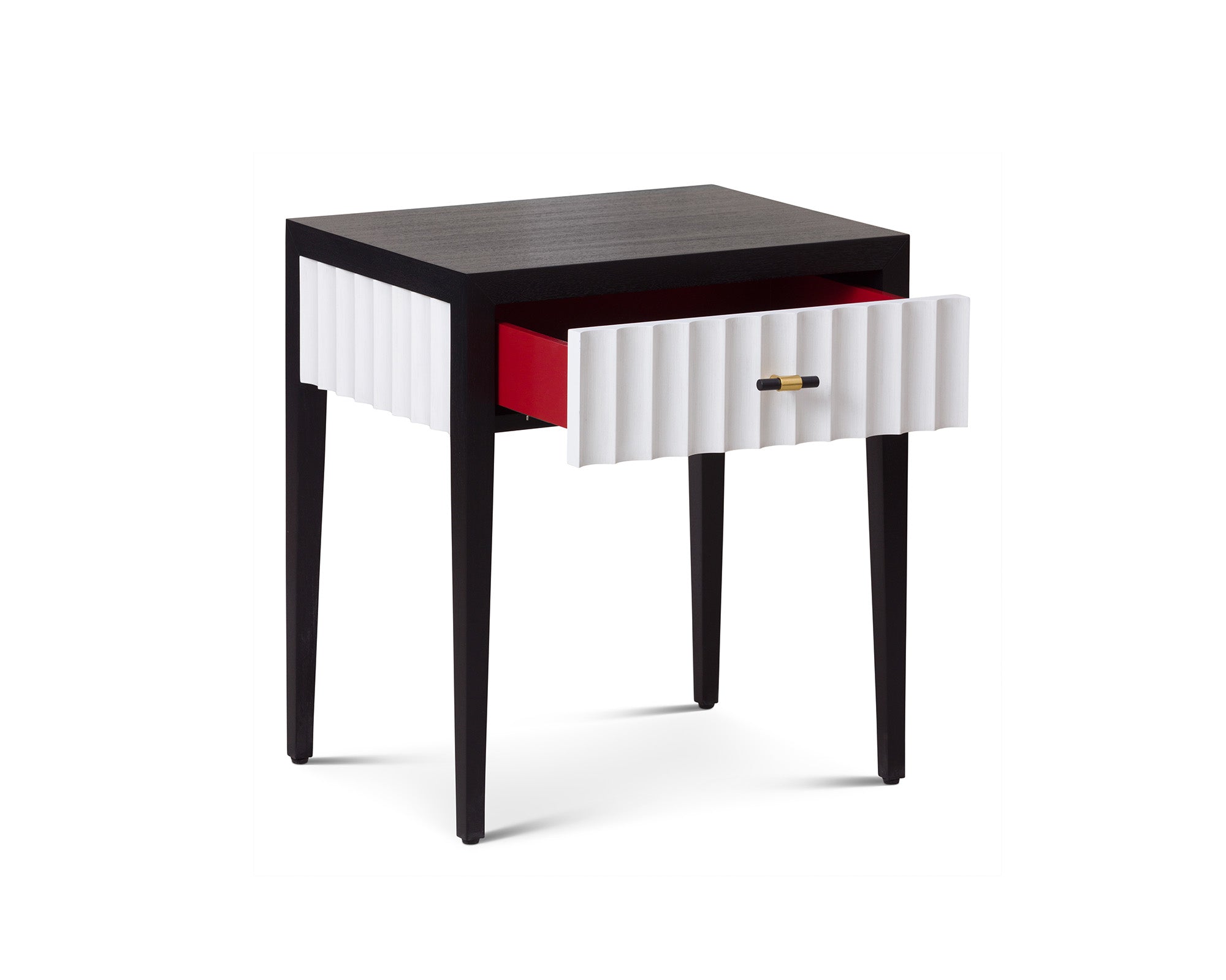 Malibu Bedside Table 1 Drawer  -  Black Satin Veneer, Hairline White & Red Lining