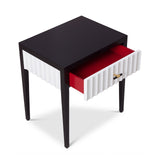 Malibu Bedside Table 1 Drawer  -  Black Satin Veneer, Hairline White & Red Lining