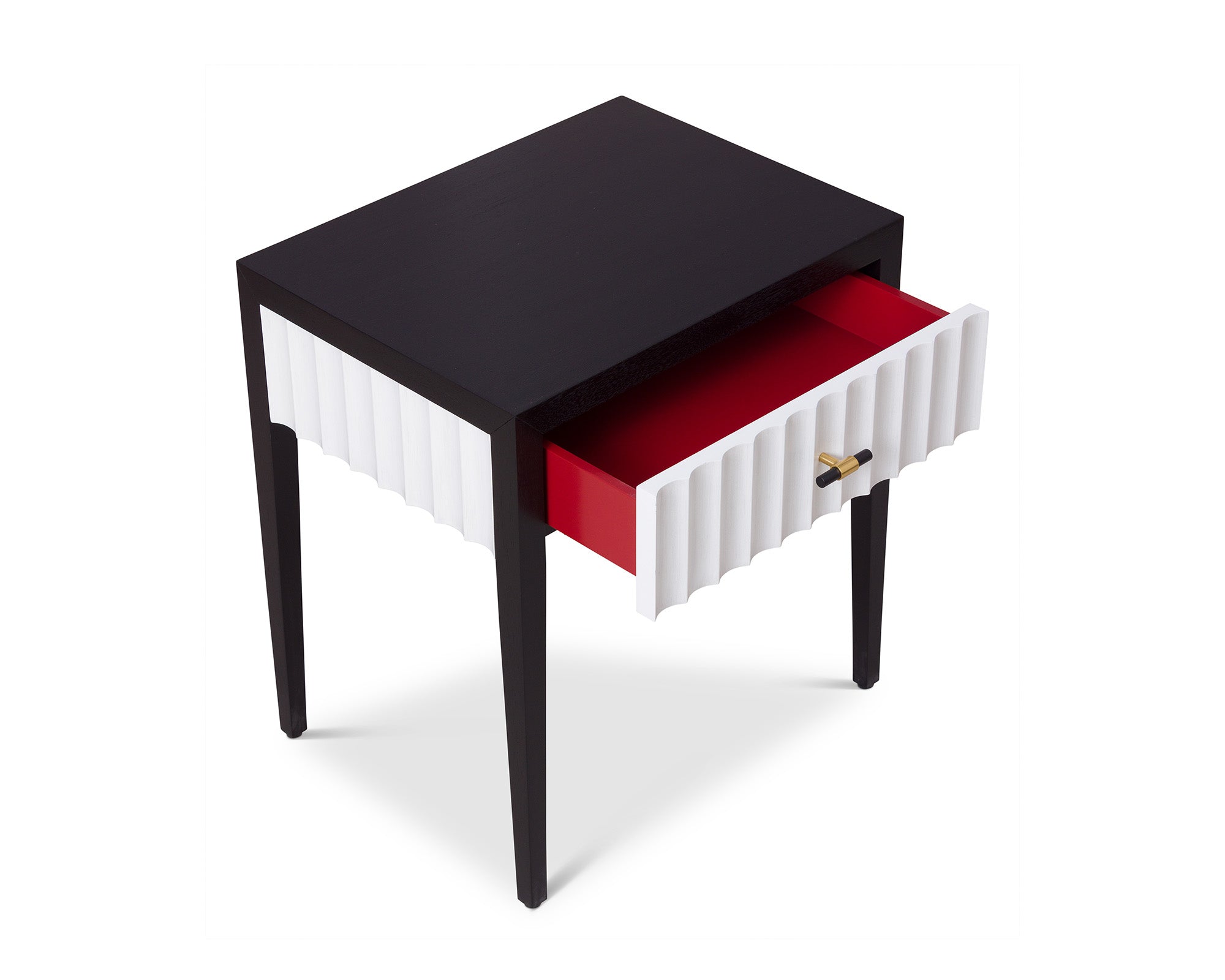 Malibu Bedside Table 1 Drawer  -  Black Satin Veneer, Hairline White & Red Lining