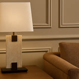 Madison Table Lamp - Travertine, Off White Linen and Antique Bronze
